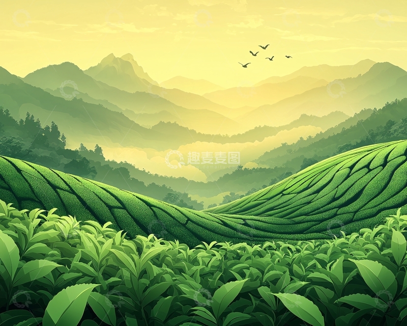 高清大图下载【趣麦麦图】清晨茶园山峦景色