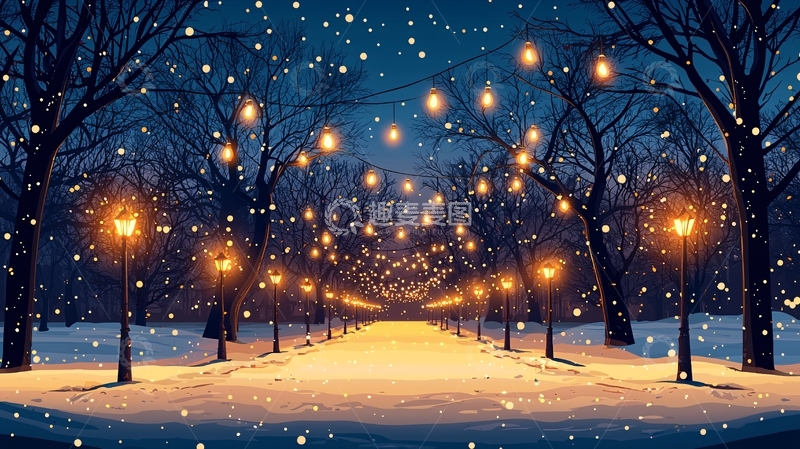 高清大图下载【趣麦麦图】下雪的夜晚灯光小路