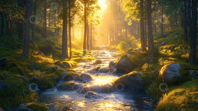 高清大图下载【趣麦麦图】森林小溪阳光