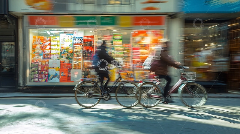 高清大图下载【趣麦麦图】街道便利店骑自行车