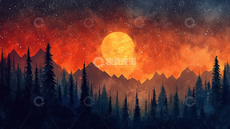 高清大图下载【趣麦麦图】血红色的月亮和星空下的山脉