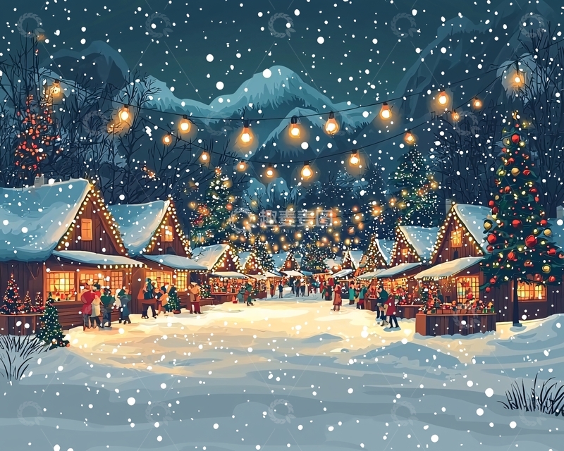 高清大图下载【趣麦麦图】冬夜雪景小镇