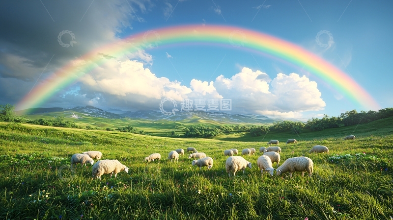 高清大图下载【趣麦麦图】彩虹下的草原绵羊