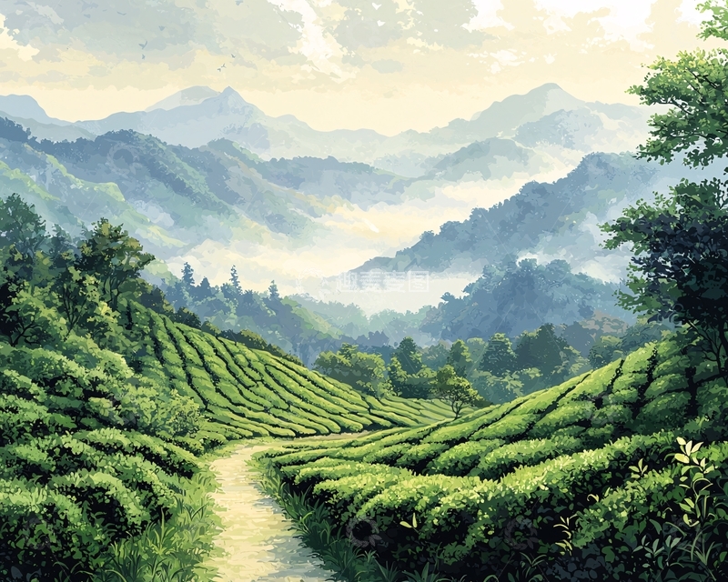 高清大图下载【趣麦麦图】山峦茶田小路晨雾
