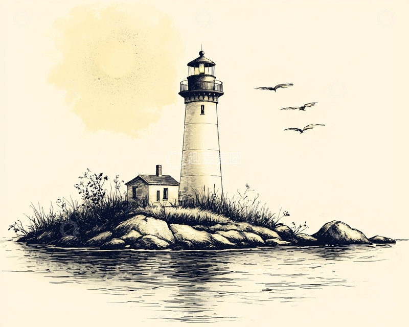 高清大图下载【趣麦麦图】孤岛上的灯塔手绘图