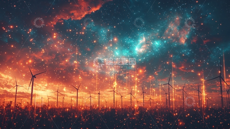 高清大图下载【趣麦麦图】燃火星空下的风力发电机