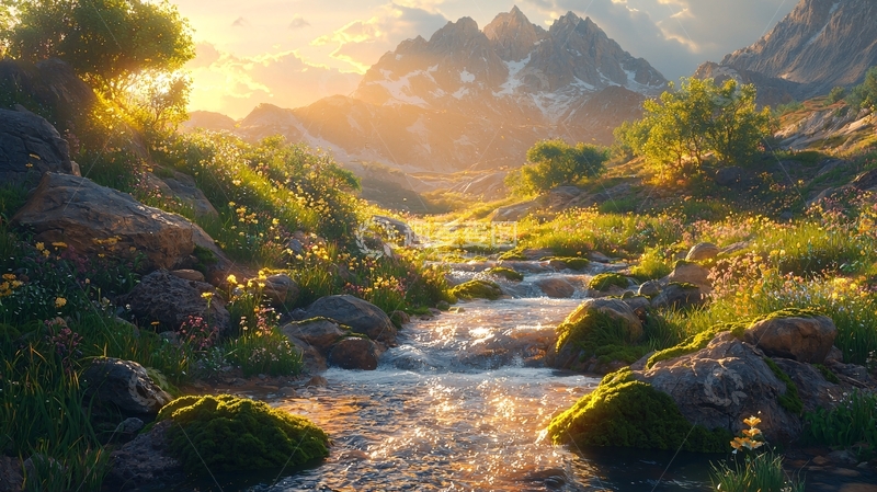 高清大图下载【趣麦麦图】山间溪流日出景色