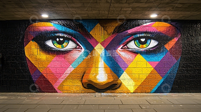 高清大图下载【趣麦麦图】彩色几何女性肖像壁画