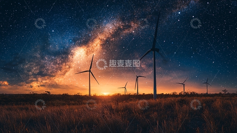 高清大图下载【趣麦麦图】星空下的风力发电