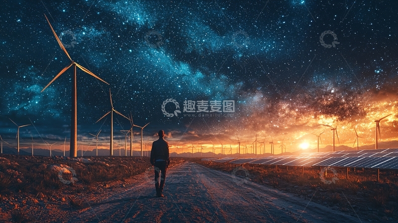 高清大图下载【趣麦麦图】星空下风力发电