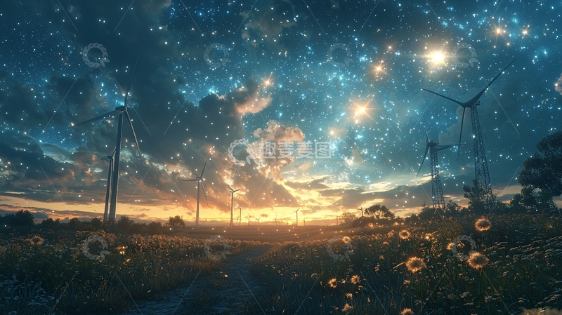 高清大图下载【趣麦麦图】星空下的风力发电机