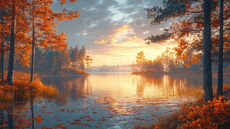 高清大图下载【趣麦麦图】秋日湖泊落日余晖