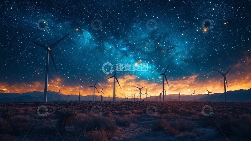 高清大图下载【趣麦麦图】星空下的风力发电场