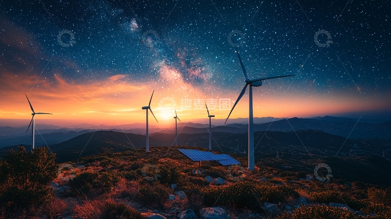 高清大图下载【趣麦麦图】星空下风力发电
