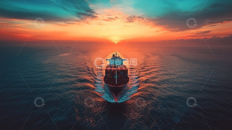高清大图下载【趣麦麦图】航行中的货轮日落剪影