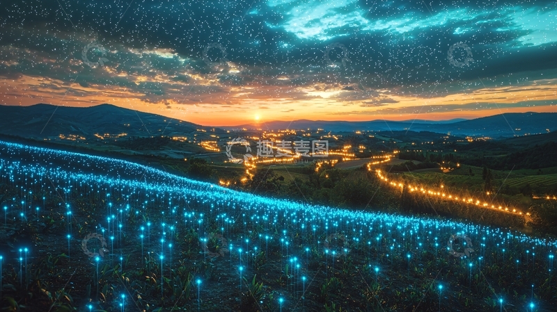 高清大图下载【趣麦麦图】梦幻星空下的萤火小镇