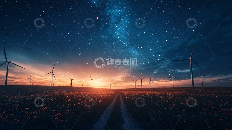 高清大图下载【趣麦麦图】星空下的风力发电站