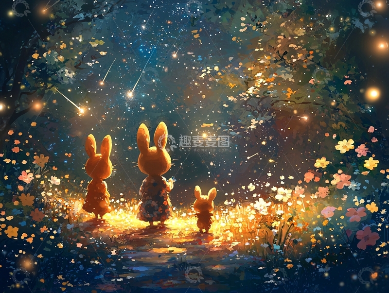 高清大图下载【趣麦麦图】星空下兔子一家