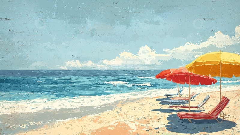 高清大图下载【趣麦麦图】海滩沙滩躺椅遮阳伞