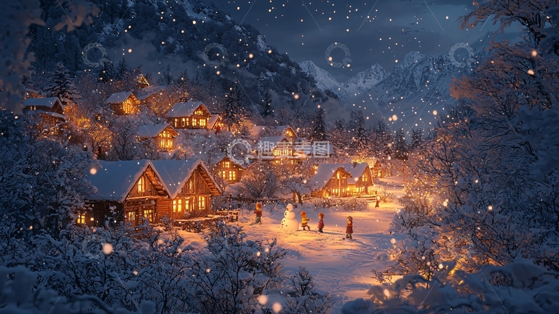 高清大图下载【趣麦麦图】雪夜里的温暖村庄