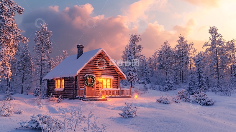 高清大图下载【趣麦麦图】雪夜森林木屋