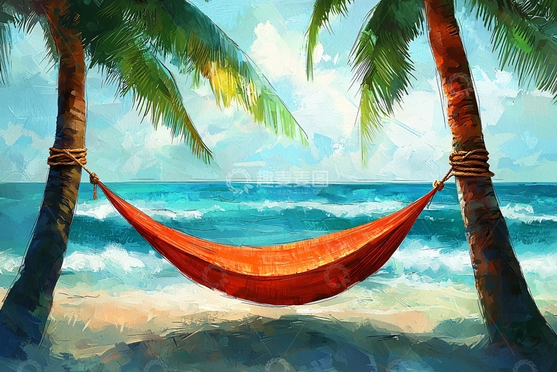 高清大图下载【趣麦麦图】海滩吊床风景画