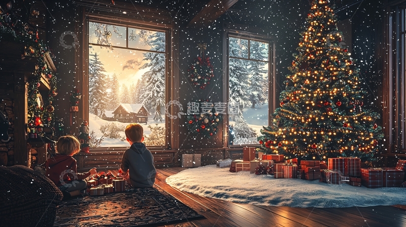 高清大图下载【趣麦麦图】圣诞节雪景温馨家庭