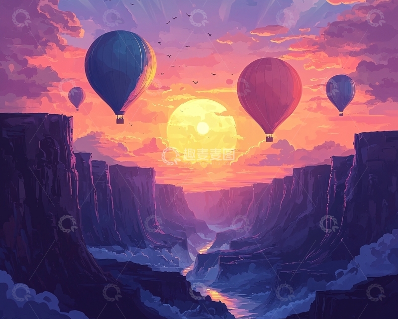 高清大图下载【趣麦麦图】夕阳峡谷热气球风景