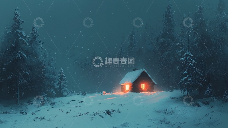 高清大图下载【趣麦麦图】雾夜雪山小屋