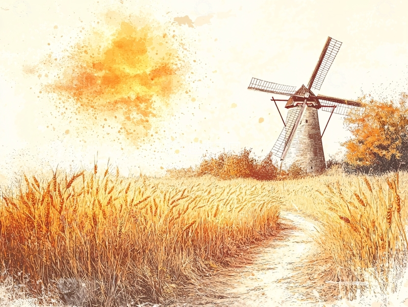 高清大图下载【趣麦麦图】秋日麦田风车风景