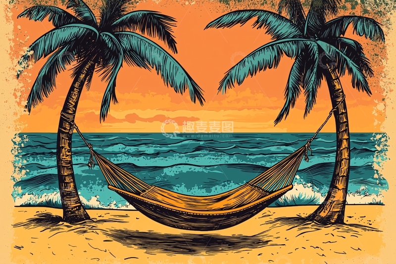 高清大图下载【趣麦麦图】海滩吊床日落剪影