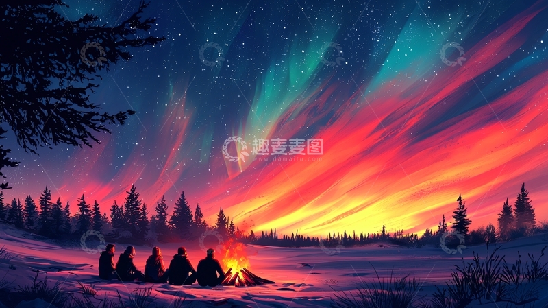 高清大图下载【趣麦麦图】极光下的篝火晚会