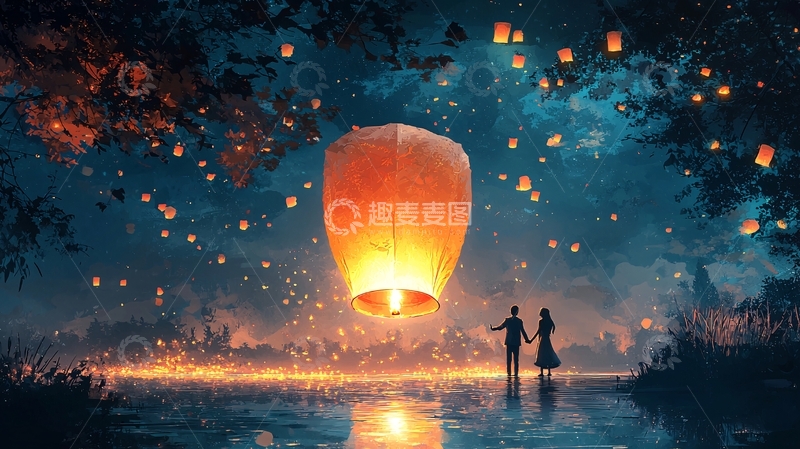 高清大图下载【趣麦麦图】夜空飞舞的许愿灯