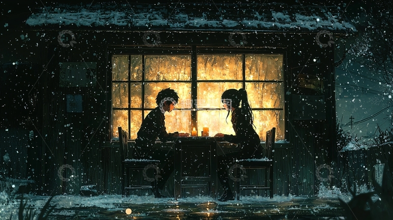 高清大图下载【趣麦麦图】雪夜小屋情侣
