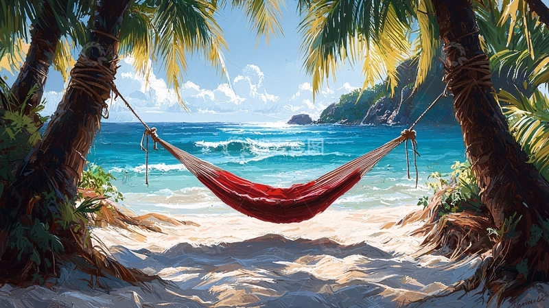 高清大图下载【趣麦麦图】海滩吊床海景图