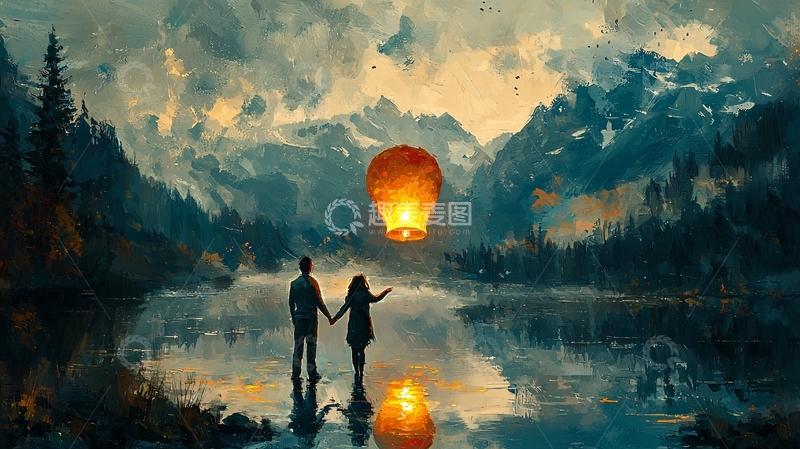 高清大图下载【趣麦麦图】情侣放飞孔明灯