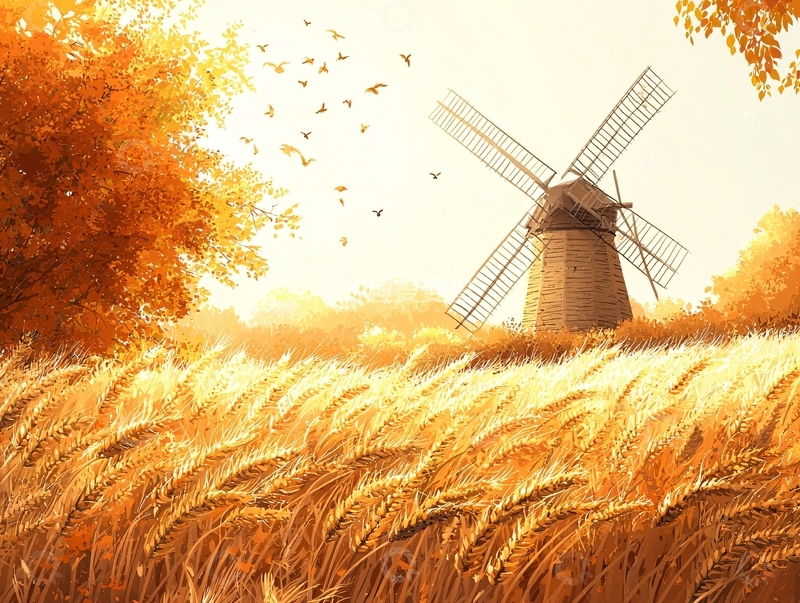 高清大图下载【趣麦麦图】秋日麦田风车风景