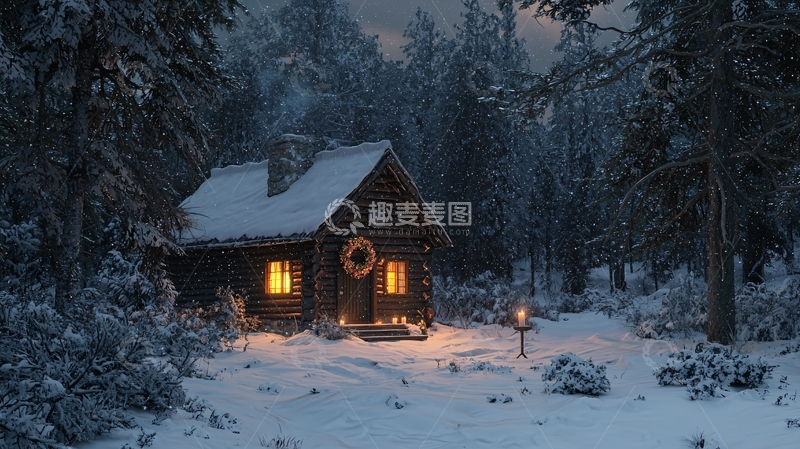 高清大图下载【趣麦麦图】雪夜森林小屋