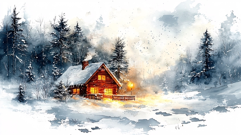 高清大图下载【趣麦麦图】冬日森林小屋水彩画