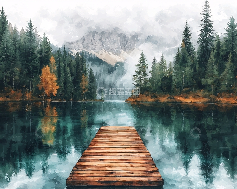 高清大图下载【趣麦麦图】山湖木桥秋景