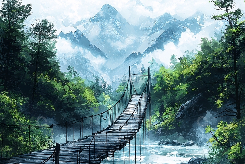 高清大图下载【趣麦麦图】山林峡谷木桥风景画