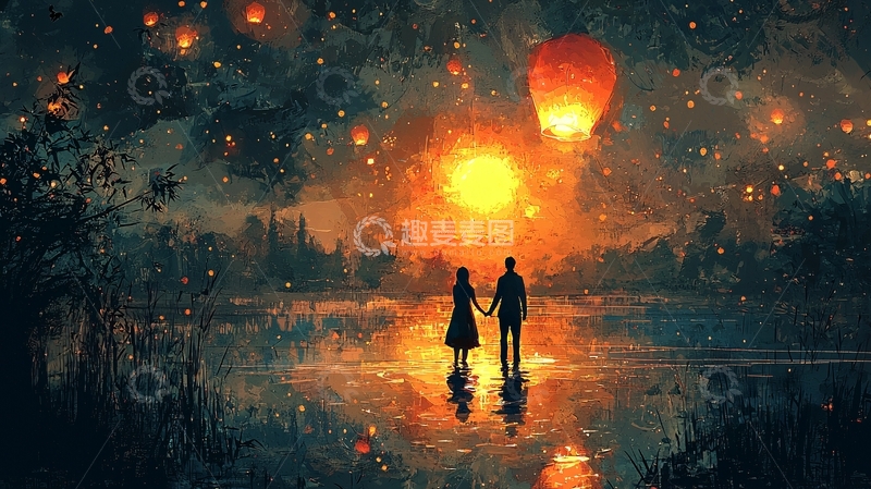 高清大图下载【趣麦麦图】星空下情侣手牵手