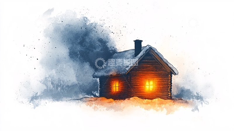 高清大图下载【趣麦麦图】雪地木屋温暖灯光