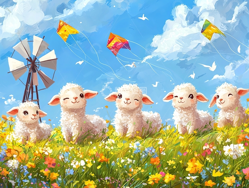 高清大图下载【趣麦麦图】小羊在花丛中放风筝