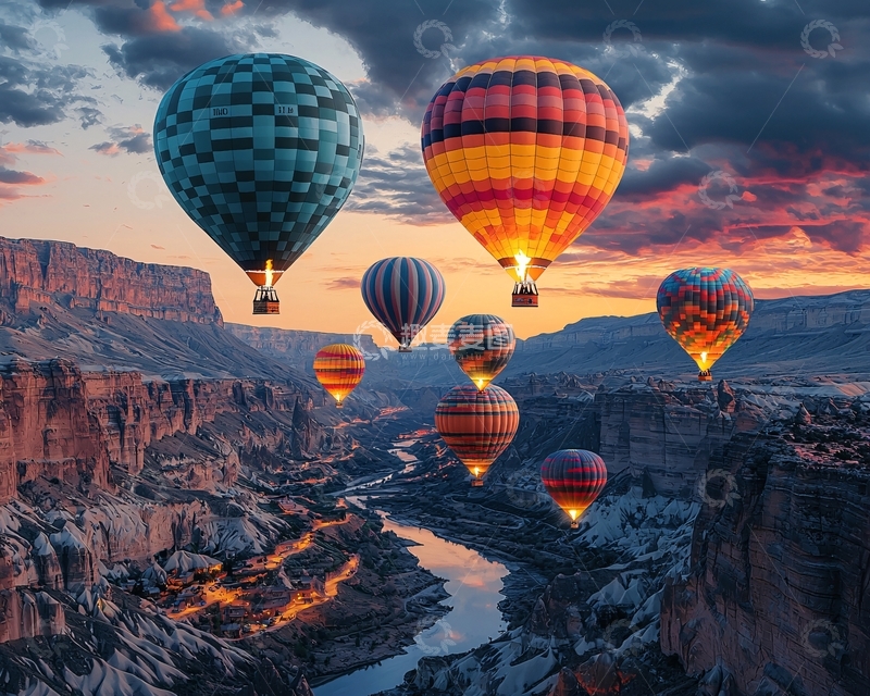 高清大图下载【趣麦麦图】热气球峡谷日落