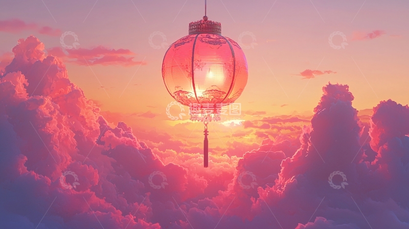 高清大图下载【趣麦麦图】粉色天空中的红色灯笼
