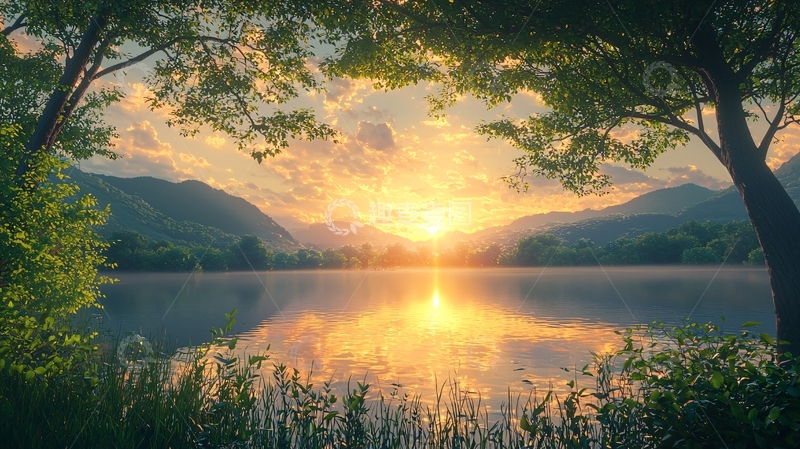 高清大图下载【趣麦麦图】清晨湖边日出美景