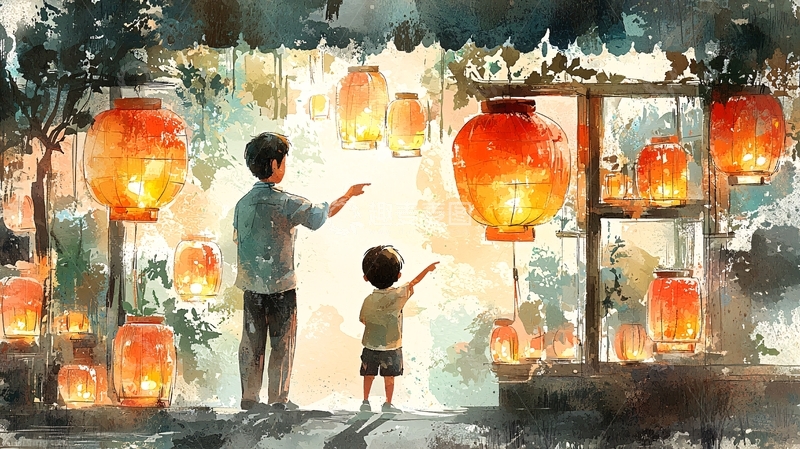 高清大图下载【趣麦麦图】父亲和儿子看灯笼