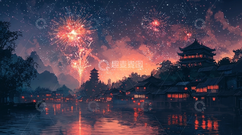 高清大图下载【趣麦麦图】夜空烟花古镇夜景