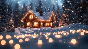 雪夜小屋灯光闪耀